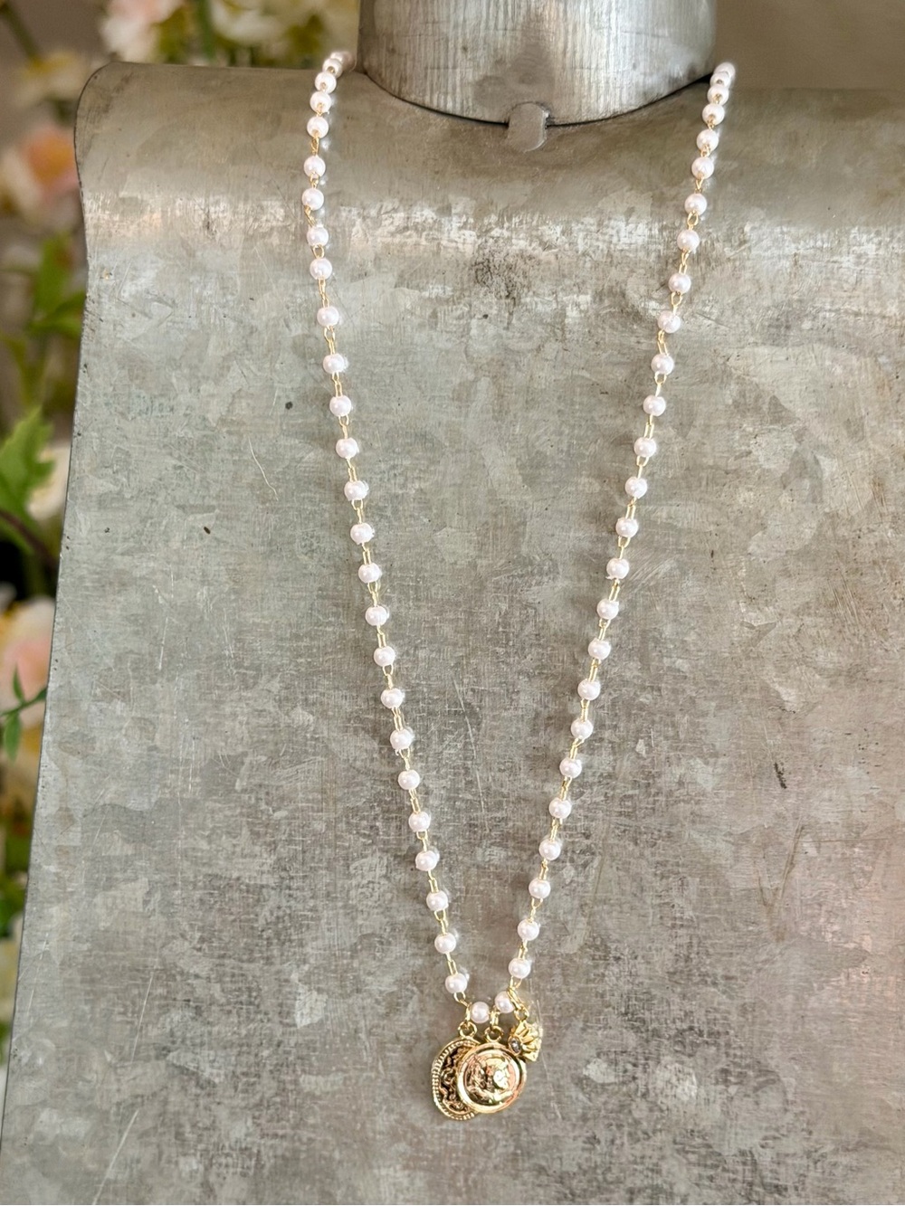 Gold Charm Pearl Station Necklace - Women Jewelry